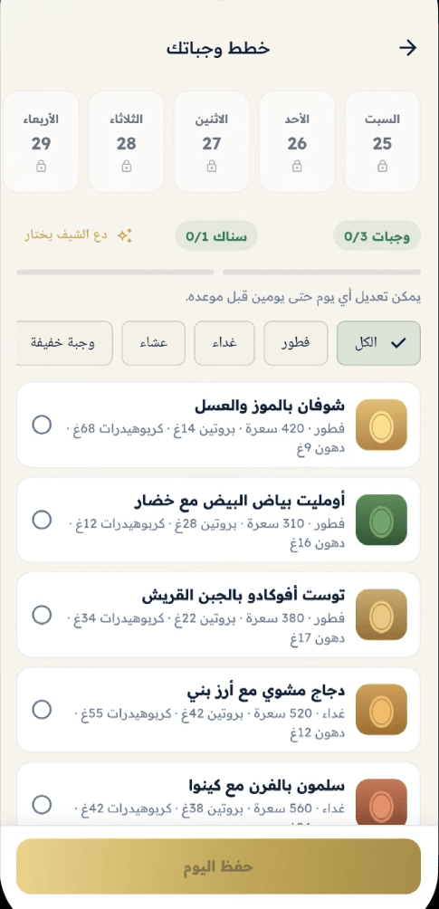 مخطط الوجبات اليومي في تطبيق مدير فِت